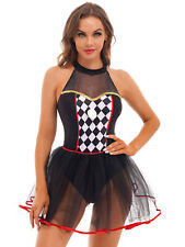 DE iEFiEL Damen Clown Kostüm Kariertes Patchwork Body Trikot Tutu Rock Halloween