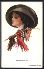 Künstler-AK Harrison Fisher: Following the Race, Zuschauerin beim Pferderennen 