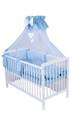Babybett J mit 10tlg Komplett-Set Bettwäsche Matratze Nestchen  blau grau Neu