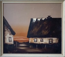 Ölbild mit Monogramm Häuser am Meer im Abendlicht Küste Strand Skandinavien