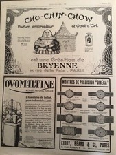 ALTE PRESSEWERBUNG 1925 OMEGA PARFUM BRYENNE MOOSANT HUT OVOMALTINE