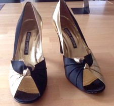 Pumps schwarz gold 38 Schleife ANDREA PFISTER Satin Leder Peeptoe Abendschuhe 