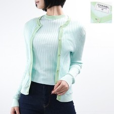 CHANEL Coco Mark Ensemble Strick Cardigan Baumwolle hellblau Gr.40 Auth #51074A