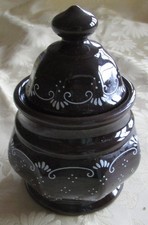 Zuckerdose Keramik, dunkelbraun mit weißem Muster, Pfalzkeramik vielleicht