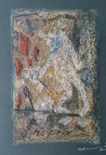 original ölpastellzeichnung, "autordummy mit schandmaske & demontierter bühne"