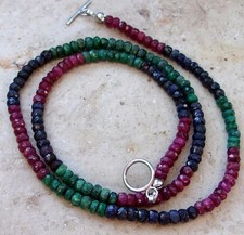 925 Silber Collier Kette  Smaragd Rubin Saphir  facettiert 43 cm lang 15,9 Gramm