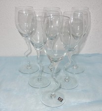 6 Sekgläser, Kristallglas, mundgeblasen, geschwungener Stiel