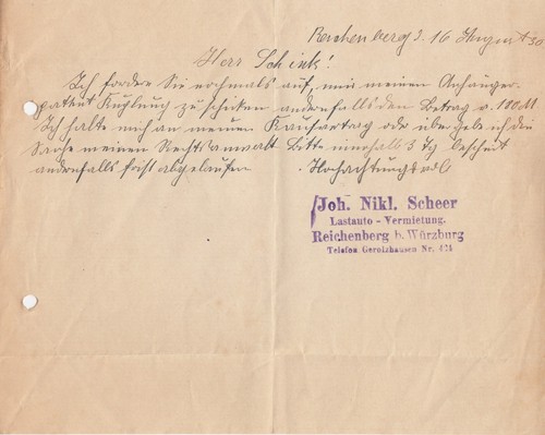 Reichenberg würzburg brief - reichenberg, wÜrzburg,