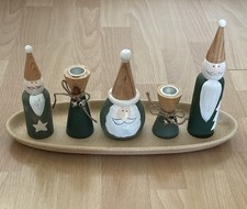 Weihnachtset von GILDE: Schale mit 3 Figuren und 2 Kerzenständern, grün/weiß
