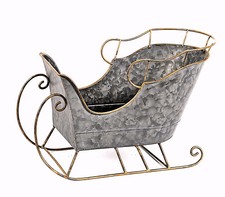 ❀ Schlitten 33 cm Pflanztopf Grau u. Gold Zink Metall Kufen Übertopf Winter 387C