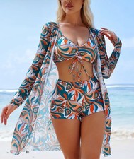 Dreiteiliges Badeanzug-Set mit Cardigan – Farbenfroher Retro-Look, Gr. L (40/42)