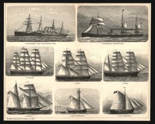 Druck anno 1896 - Schiffe - Vollschiff Brigg Schoner Bark Schnelldampfer Yacht