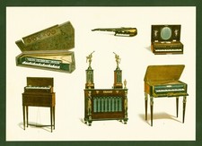 Lithographie anno 1892 - historische Musikinstrumente - Spinett Harmonium
