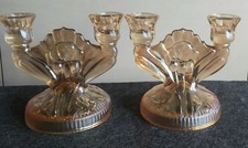 Pressglas Kerzenleuchter Paar von Jeanette Glass USA orange irrisierend Iris