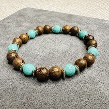 Armband türkis-braun – Crackle-Perlen & Holz, elastisch, ca. 8 mm, Ethno-Stil