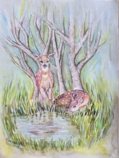 Aquarellbild handgemalt rehkitz Wild Wald unikat original 30x40