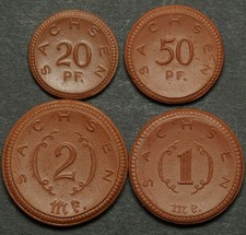 NOTGELD: 20 & 50 Pfennig sowie 1 & 2 Mark 1921. Porzellan, Meissen. SACHSEN.