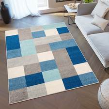 Wohnzimmer Teppich Kurzflor Blau Grau Geometrisch Vierecke Jugendzimmer