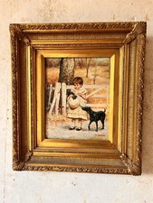 Ölgemälde „Kind mit Hund und Lamm“ signiert D. Goetz, mit Goldrahmen