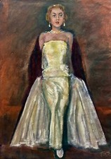Gouache Frau in weißem Ballkleid F.M.Z. Deutschland Mode 50er Mid Century