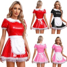 DE Damen Dienstmädchen Kostüm Wetlook Leder Maid Kleid Cosplay Party Clubwear