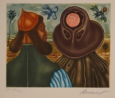 Arik Brauer: "Durch den Hut". Farbradierung 1973 Auflage XVI/XXX