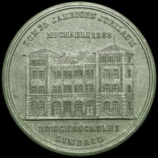 LIMBACH-OBERFROHNA / SACHSEN: Zinn-Medaille 1888. JUBILÄUM & WEIHE BÜRGERSCHULE.