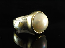 925 Sterlingsilber Ring mit Mabe Perle vergoldete Fassung und Leo Muster Gr 54