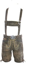 kurze Trachtenlederhose Latz zum Knöpfen Gürtel Plattlerhose Stegträger dbraun