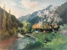 JOSEF SÜSSMEIER YOS MÜNCHEN Schwarzwald III Frühling AQUARELL sig. 38/48.9cm 