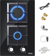 Gaskochfeld Gas Kochplatte Einbau Herd 2 Brenners,  Glaskeramik Schwarz, 3700 W