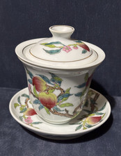 Chinesische Teetasse mit Teller, Deckel & Sieb Porzellan Sammler Selten Vintage