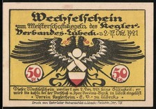 Notgeld Lübeck 1921, 50 Pf, Wechselschein Meisterschaftskegeln des Kegler-Verba 