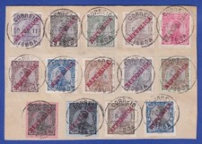 Portugal 1910 REPUBLICA Mi.-Nr. 168-181 kpl Satz zentr. O LISBOA auf Briefstück.