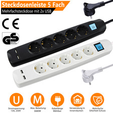 Steckdosenleiste 2x USB 5 Fach Mehrfachsteckdose Verlängerungskabel Flachstecker