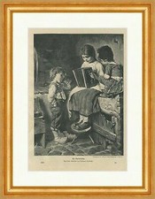 Die Harmonika Hermann Kaulbach Musik Instrument Kinder Schemel Holzstich E 22804