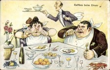 Ak Raffkes beim Diner, gieriges Paar am Tisch, Kellner - 11227992