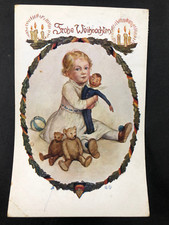 AK - tolle Weihnachtskarte - Mädchen mit Filzpuppe & Teddy Bären - gel. um 1915