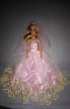 Barbie Puppen Kleid Rosa Prinzessin Hochzeit Brautkleid + Schleier Krone #05