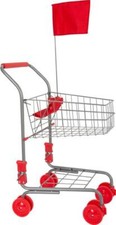 Einkaufswagen silber, Metall, mit Fahne und Puppensitz, Kindereinkaufswagen
