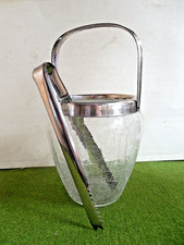 Vintage  Zange + Eiswürfelbehälter Eiseimer Krakelé Glas  Metallmontierung