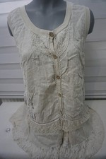 Made in Italy Bluse Oberteil Tunika Gr. L  Blumen  Muster Spitze Leinen  Beige