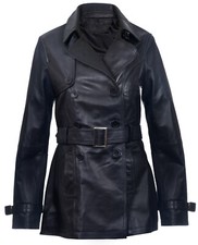Damen Leder Trenchcoat Schwarz