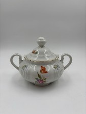 Bavaria Zuckerdose mit Deckel – florales Dekor, Goldrand, zwei Henkel