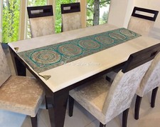 Ethno Jacquard Tischläufer Brokat Grün Rund Mandala Lange Quaste Tischdecke