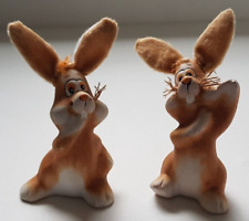 Osterhasen Keramik Plüschohren Draht Hellbraun & Weiß Handbemalt 1980er Vintage
