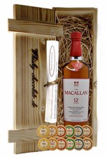 Macallan 12 Jahre Sherry Oak Whisky + 12 Edelschokoladen Geschenk in Holzkiste