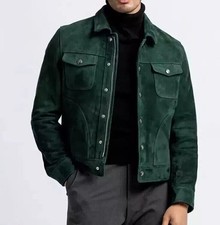 Herren grüne Racer Lederjacke Biker Motorrad reines Wildleder Cafe Party...