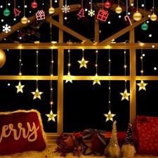 Lichtervorhang Fenster 9 Sterne mit Batterie Timer, 76 LED Weihnachtsbeleuchtung