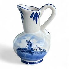 Kleiner handbemalter Delfter Blau Keramik Krug mit Windmühlen-Motiv, Vintage